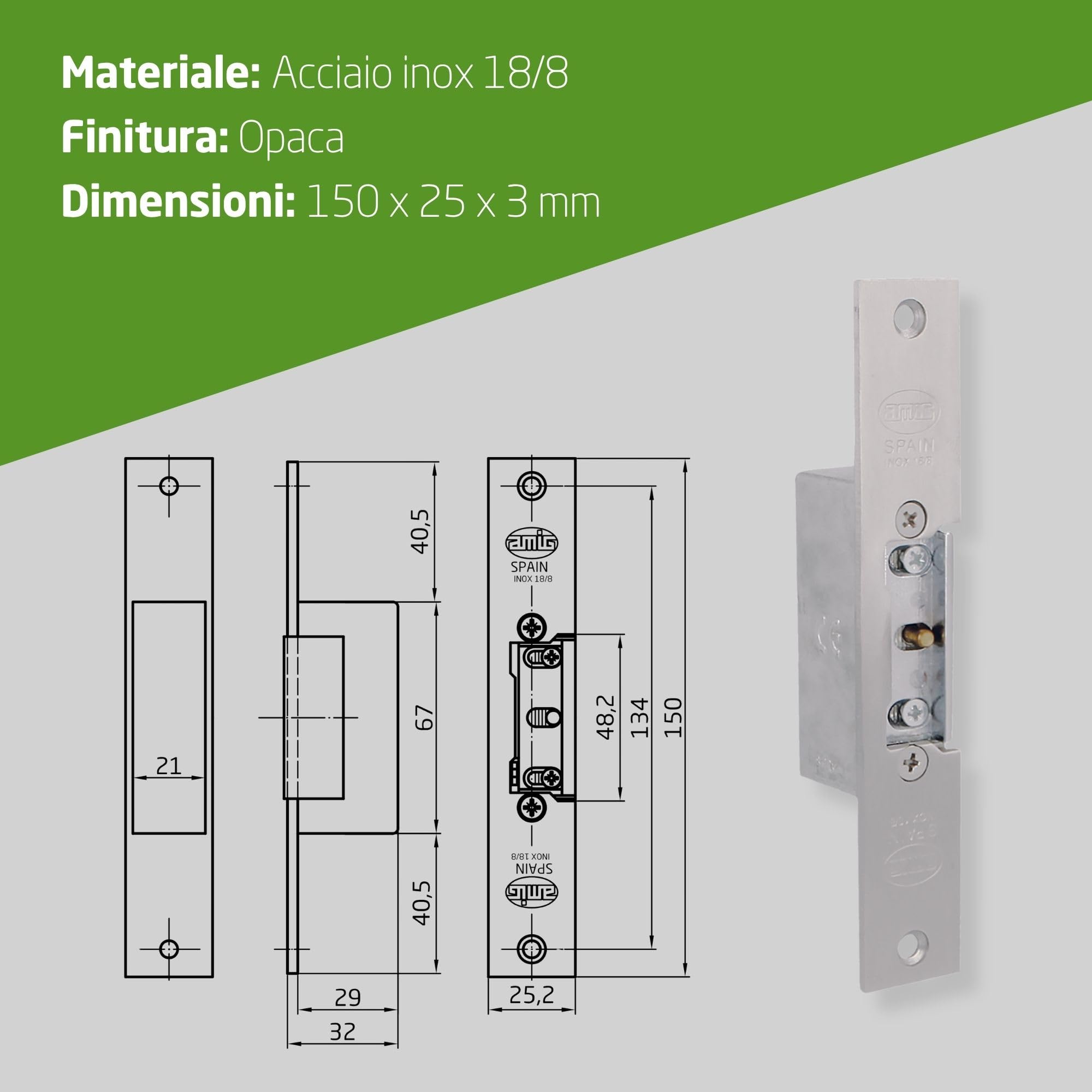 Amig - Apriporta Elettrico Mod.10 - Incontro Elettrico con Bobina Inclusa per Portoni, Negozi e Uffici - Apertura Remota e Controllo Accessi - 150 x 25 x 3 mm, 1,1 A, 8-12 V AC - Acciaio Inox 18/8