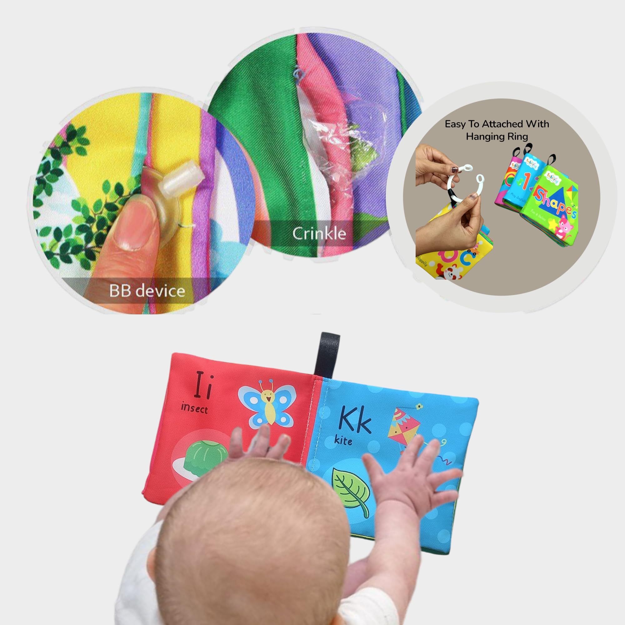 Fabrify 4-Book Set Comes with a Plastic Ring β Soft Sensory Cloth Books for Babies, Crinkle Sound & Washable, Early Learning Themes Alphabet,Shape,Color, Fruits,Numbers,Non-Toxic & Educator 3