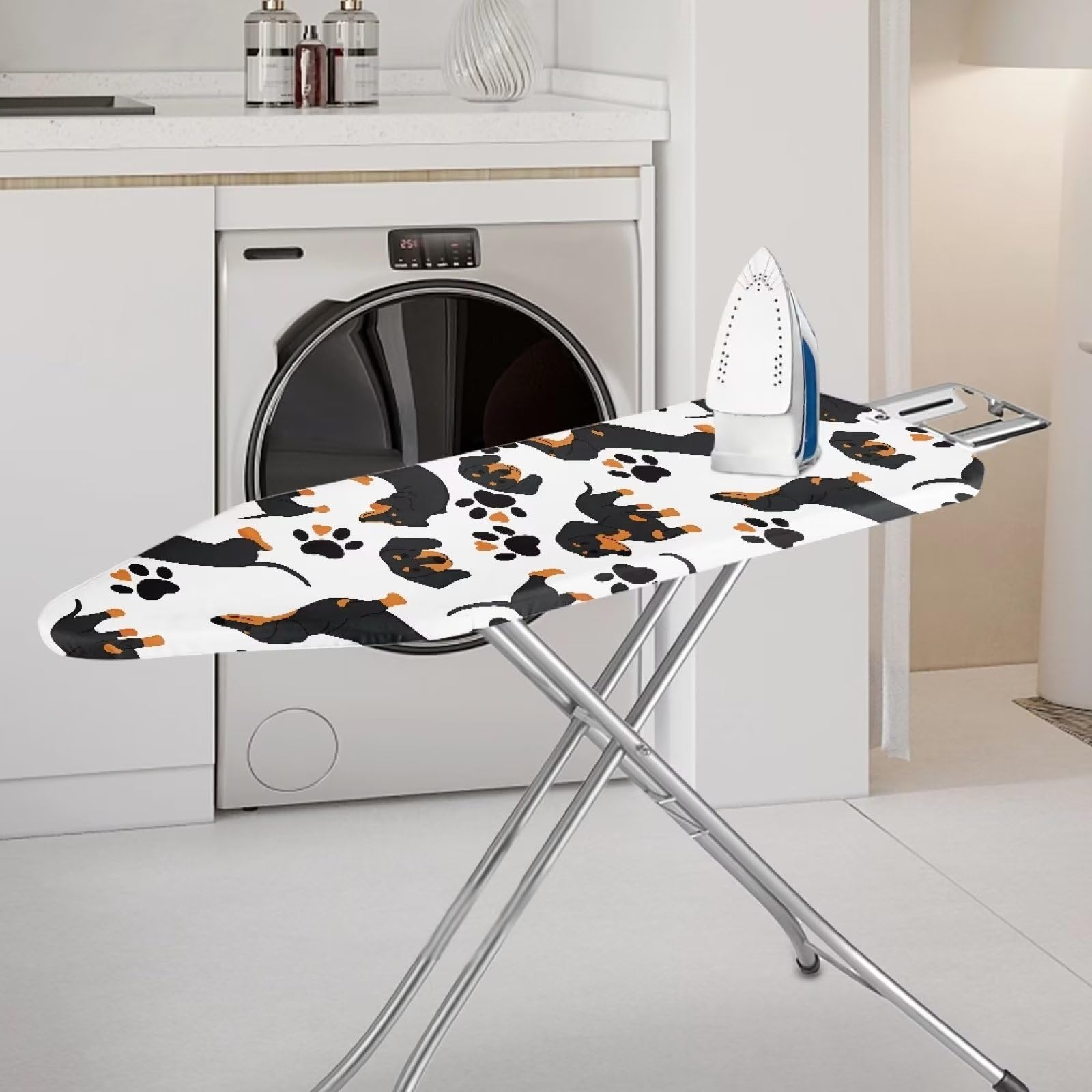 Dolyues Dachshund Iron Board Cover Standard Size Scorch Resistant Heat Insulation Ironing Board Replacement Cover, Cute Dog Paw Print Ironing Board Cover and Pad Non-Slip Iron Board Cover