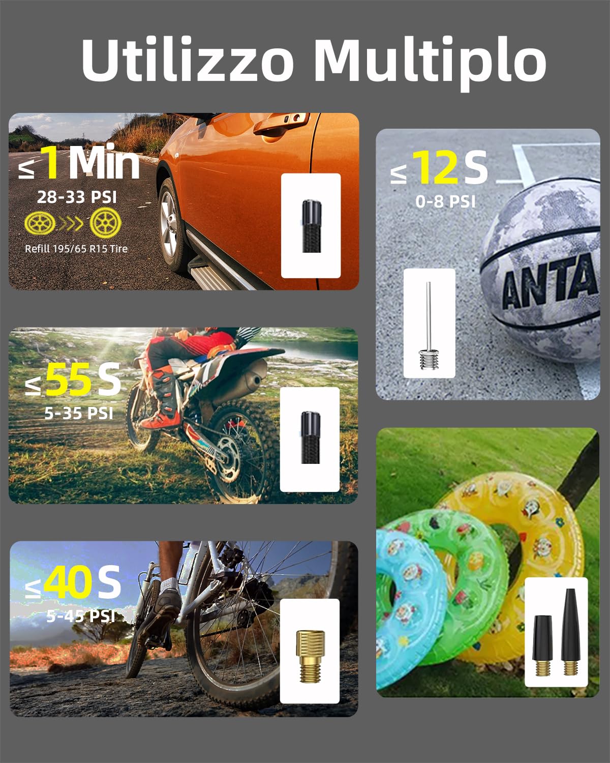 12000mAh Compressore Aria Portatile, Velocità 4X, 150PSI Gonfiatore Elettrico Portatile a Batteria, Mini Compressore Portatile Gomme Auto, Pompa Elettrica per Moto, Bicicletta, Bici,Palloni,SUV
