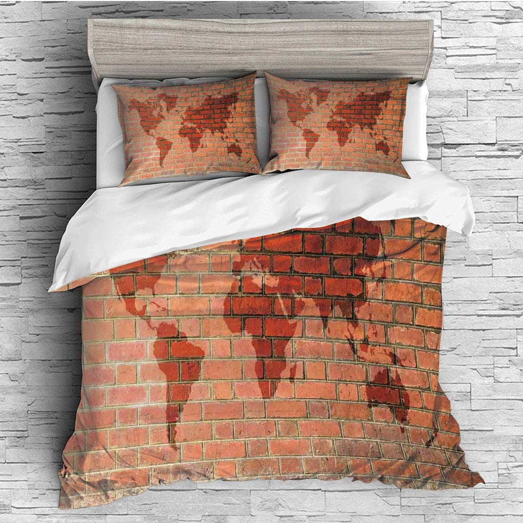 3 Pieces (1 Duvet Cover 2 Pillow Shams)/All Seasons/Home Comforter Bedding Sets Duvet Cover Sets for Adult Kids/Singe/Rustic Home Decor,Brick Wall with World Atlas Map Reflection Pattern Contemporary