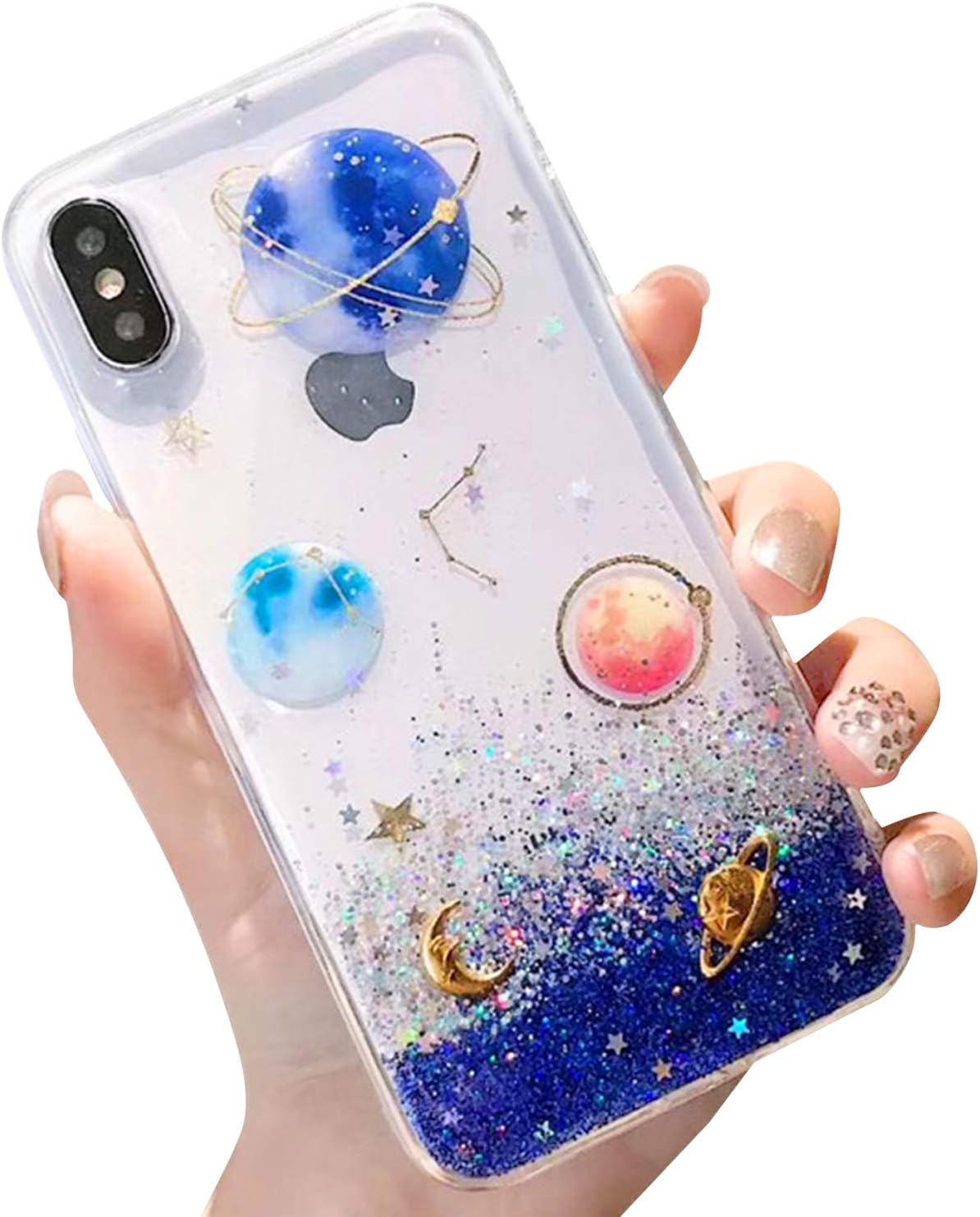Clear Case for iPhone Xs Max, Glitter Bling Sparkle Design with Gold Moon Stars Slim Soft TPU Case Compatible with iPhone Xs Max 6.5 Inch(Blue)