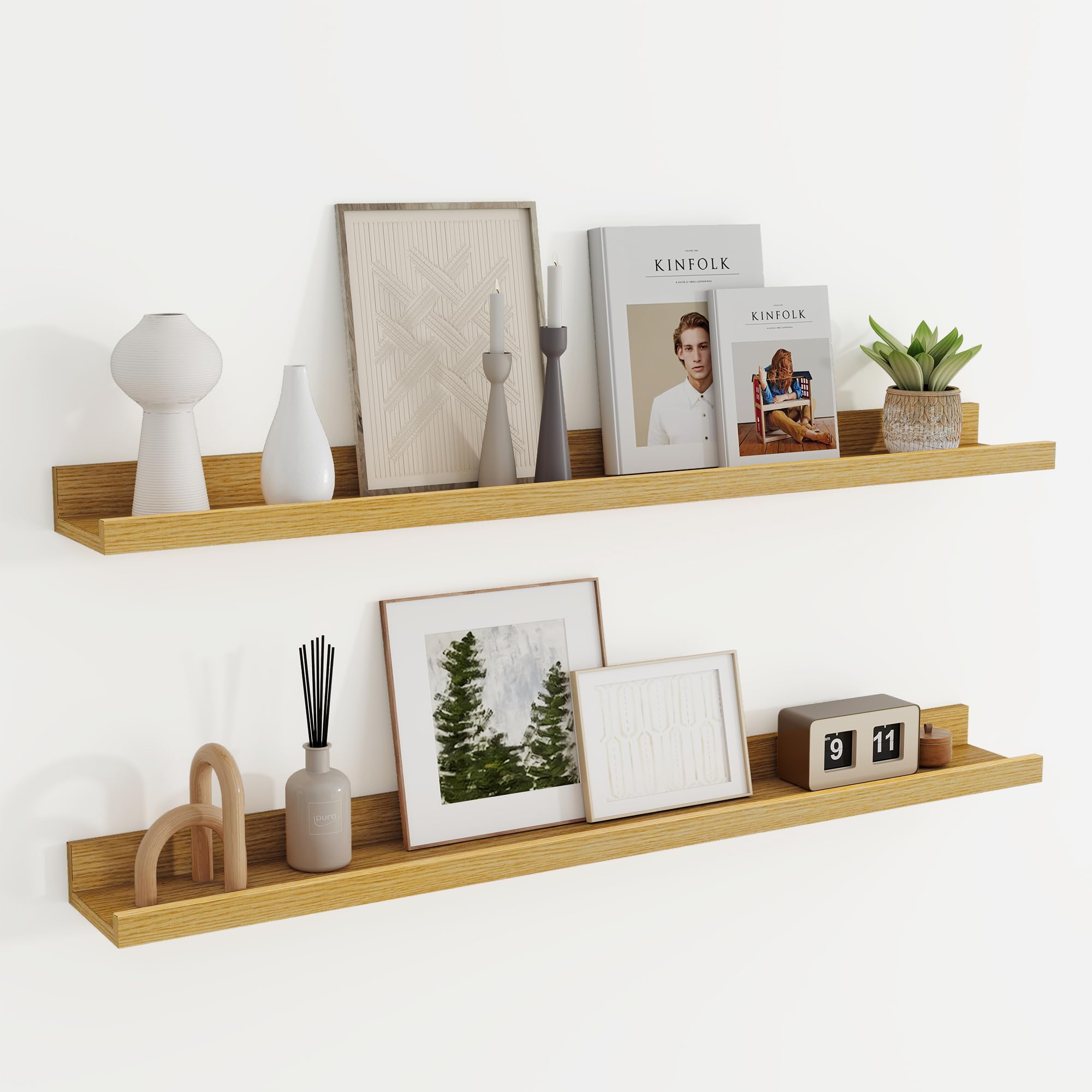 Set di 2 mensole galleggianti in rovere, lunghe 90 cm, mensole per asilo nido con bordo per riporre giocattoli, libreria per bambini, mensole da parete in legno, per soggiorno, camera da letto, libri