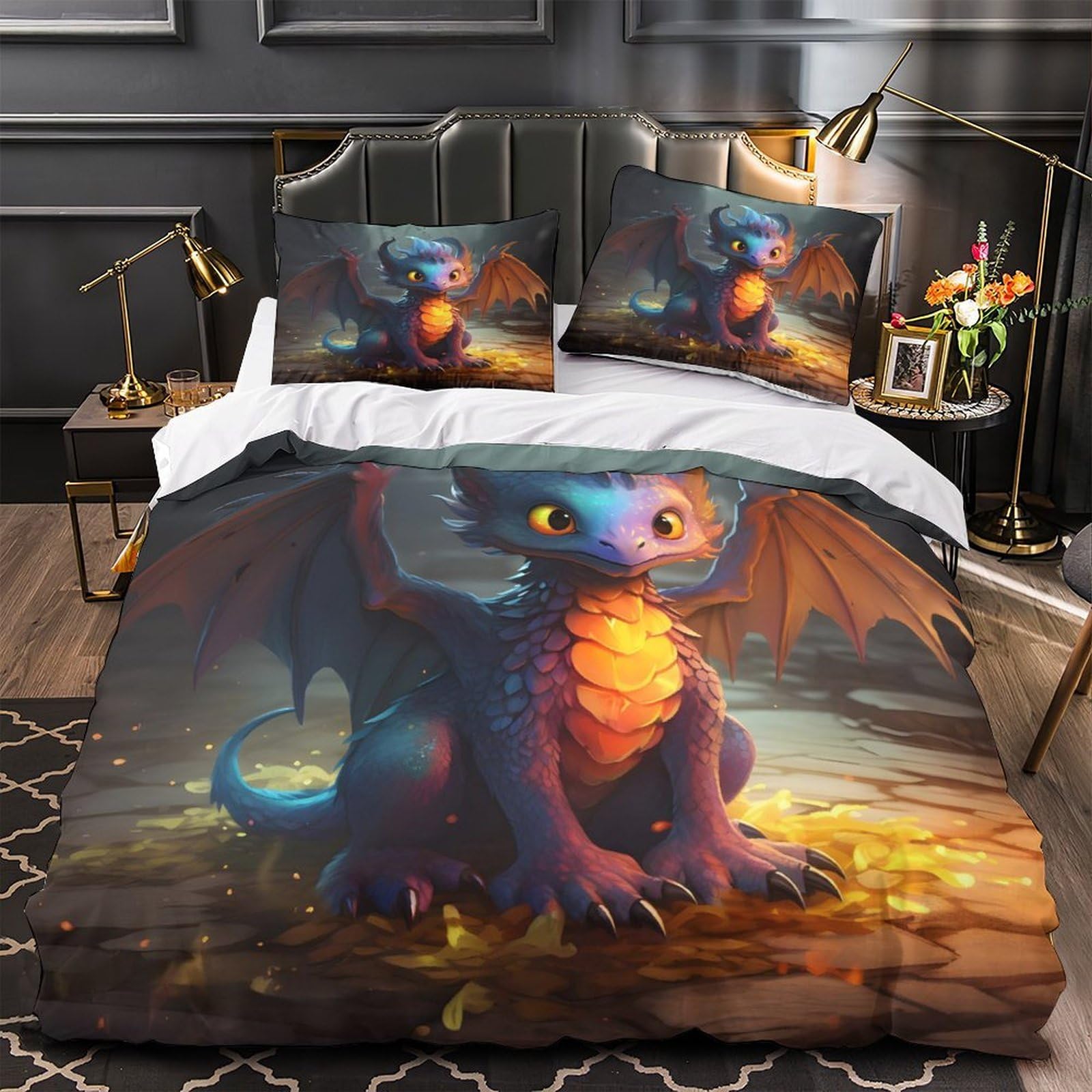 Parure de lit dragon housse couette 140x200 adolescent microfibre 3D