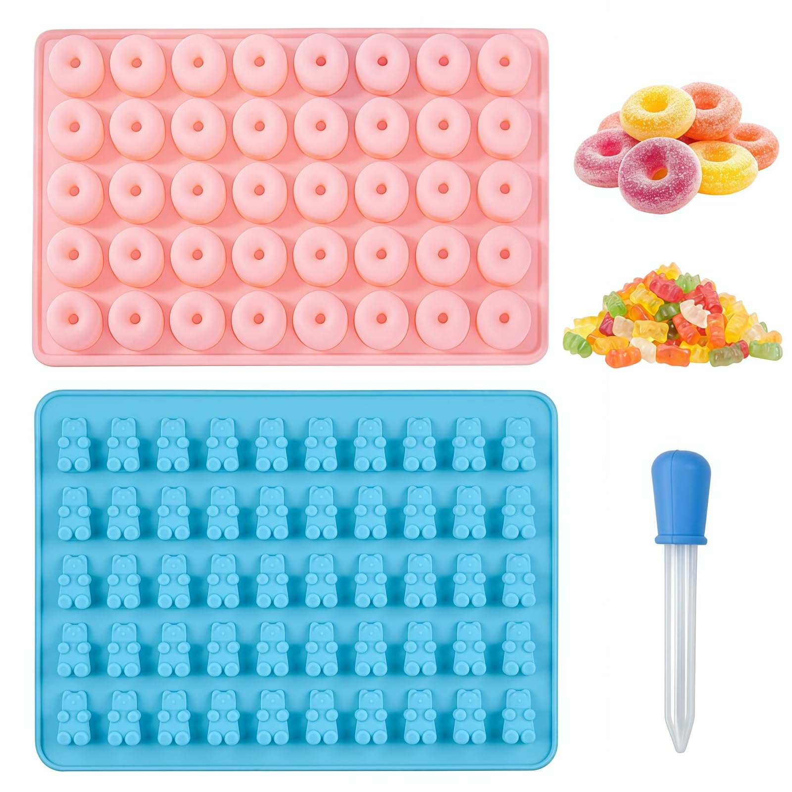 Samheng A Silicone Candy Moulds, 2 Pcs Mini Bear Donut Shaped Jelly Moulds, Non-Stick Reusable Gummy Mould, Diy Gifts For Birthday Christmas Valentine's Day