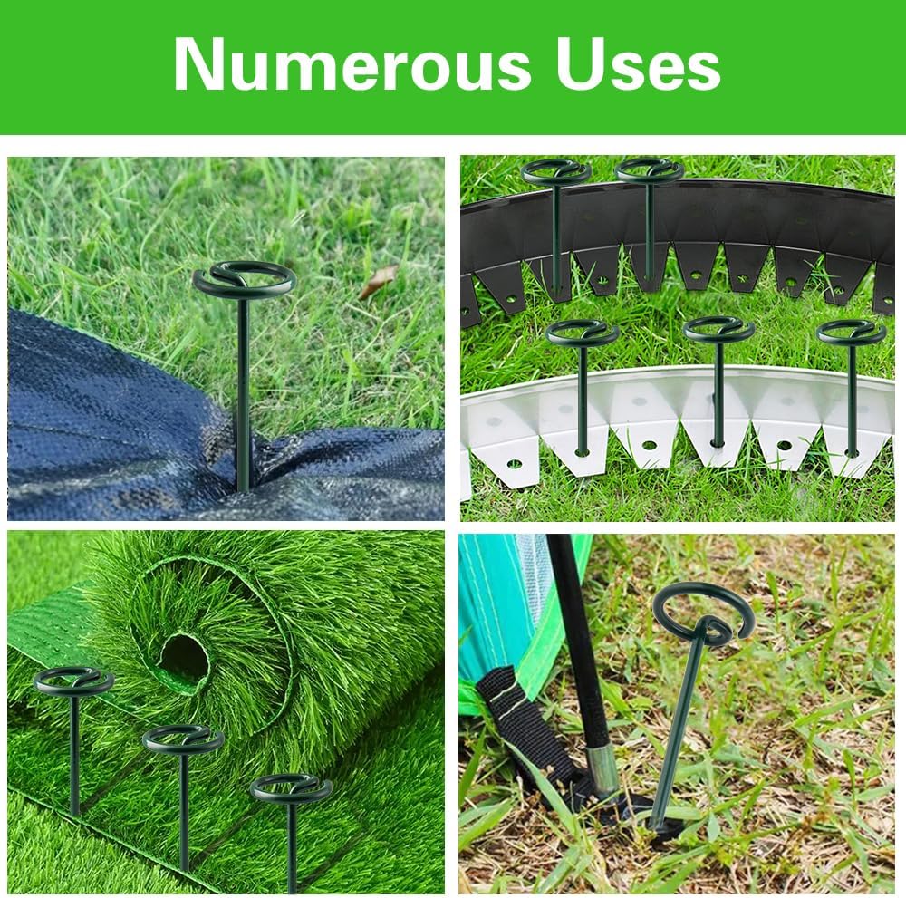 Bakulyor 200Pcs Circle Top Landscape Staples, 6 Inch Green Artificial Turf Stakes, 9 Gauge Landscape Fabric Pins, Heavy Duty Yard Lawn Spikes for Outdoor Soil Gardening Weed Barrier Sod Fabric - 6"