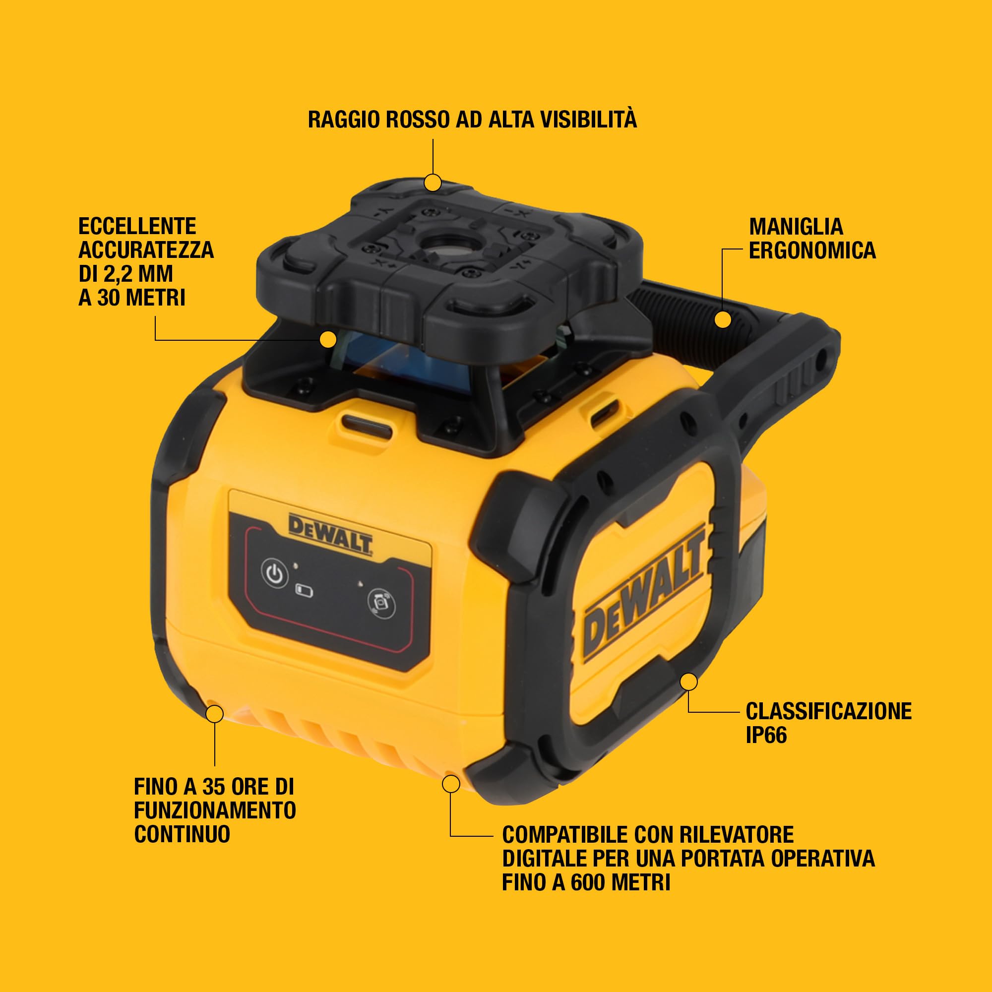 DEWALT Laser Rotante Rosso DCLE05211R-XJ, Portata 600m con Rilevatore, Batteria Alcalina 35 Ore, IP66, Precisione 2.2mm