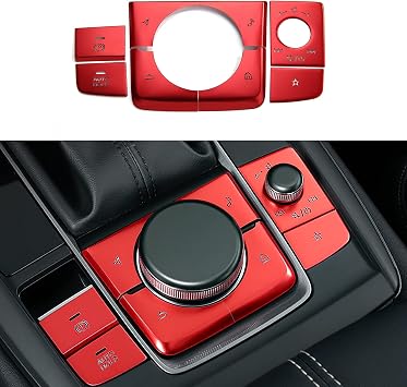 8 قطع متوافق مع Mazda 3 CX-30 CX-50 2025 2024 2023 2022 2021 2020 الملحقات غطاء وحدة التحكم في مركز السيارة التروس لوحة التروس مقبض التروس أزرار الغطاء -Red
