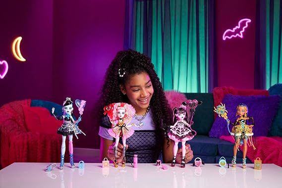 Monster High Scary Sweet Birthday Doll Draculaura in Pink Party Dress with Themed Accessories such as Invitation Balloon Gift Fans and More JBG74