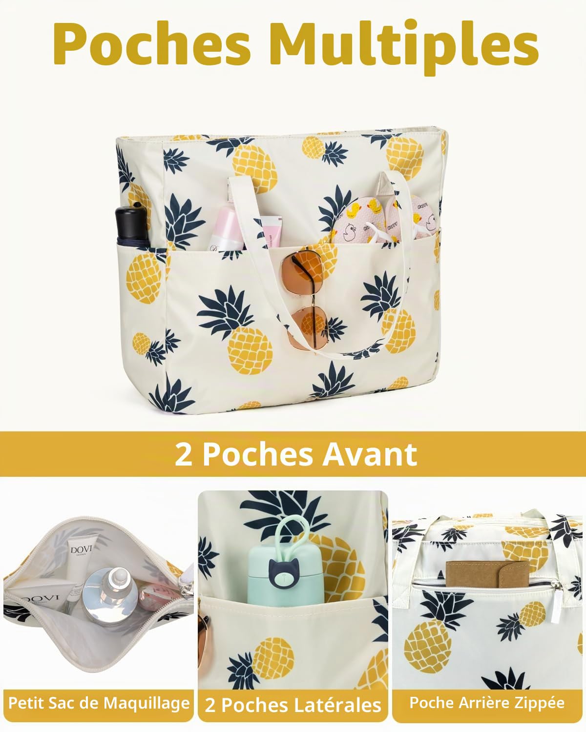 KABAQOO Sac de Plage XXL Famille avec Fermeture Éclair et Compartiment Humide Sac Cabas Piscine Femme Grand Multipoches