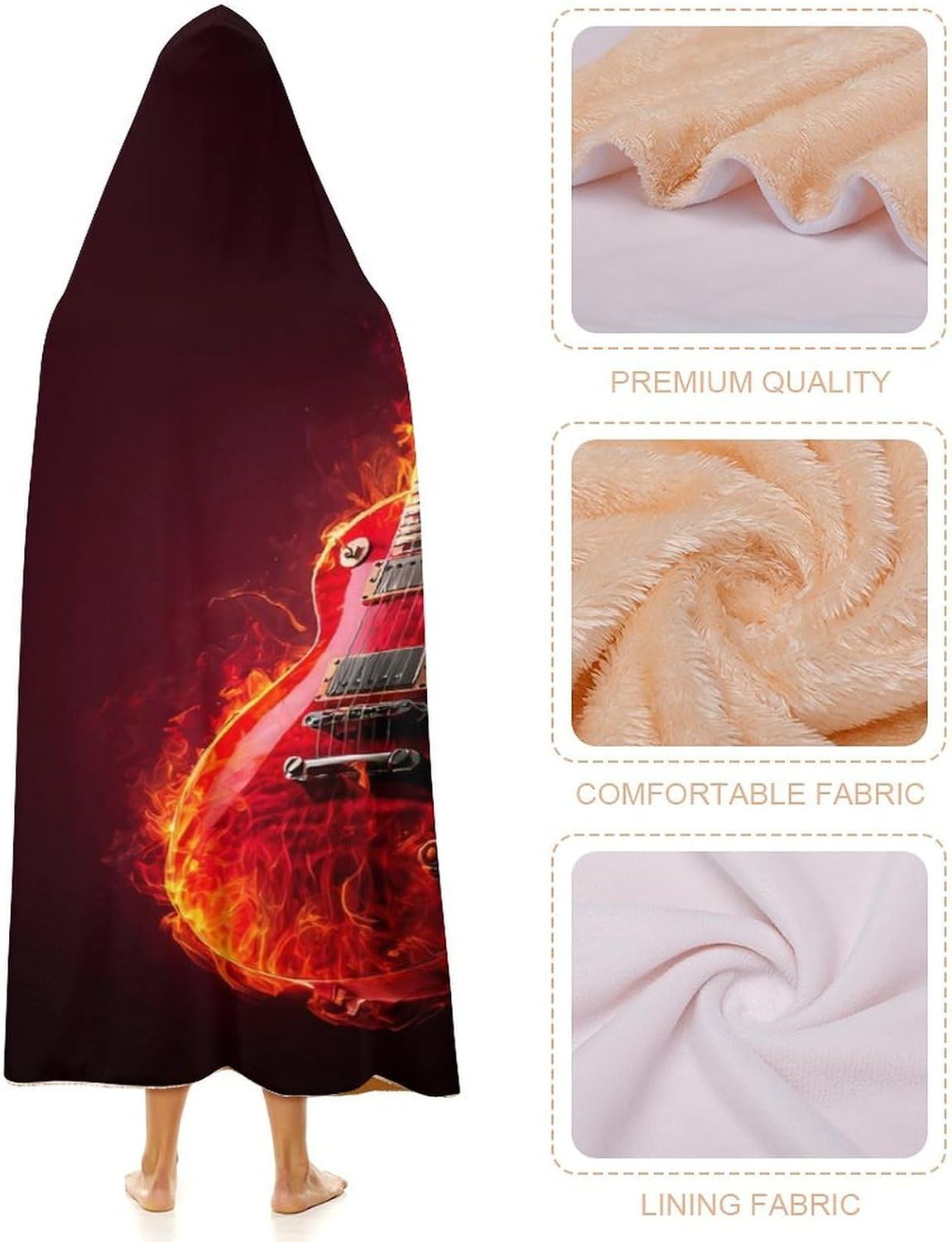 Flame Guitar Wearable Blanket Oversized Throw Cape | Cozy Hooded Blanket Gifts for Women Men