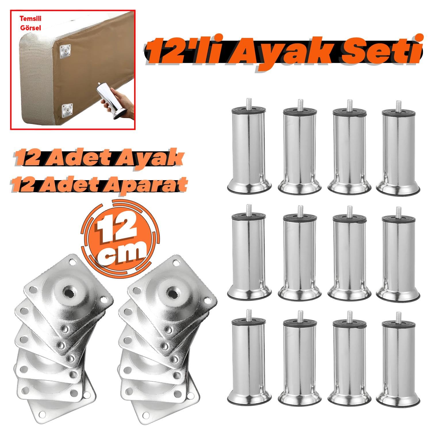 (12'li SET) Metal Mobilya Kanepe Koltuk Baza Yatak Çekyat Yükseltme Ayağı Ayakları M8 Civata Krom 12 Cm