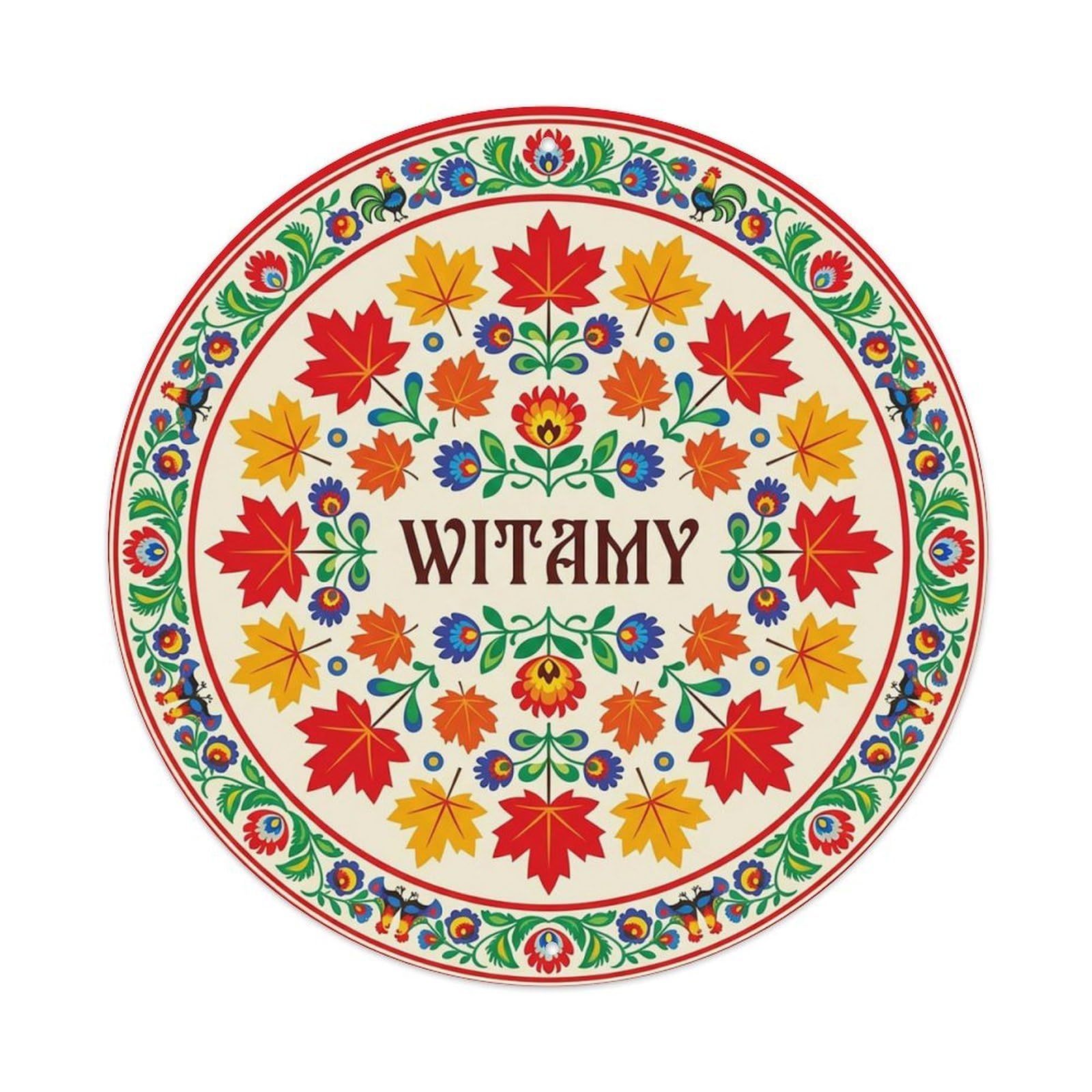 Vintage Polish Folk Art Witamy Welcome Maple Leaf Metal Tin Sign