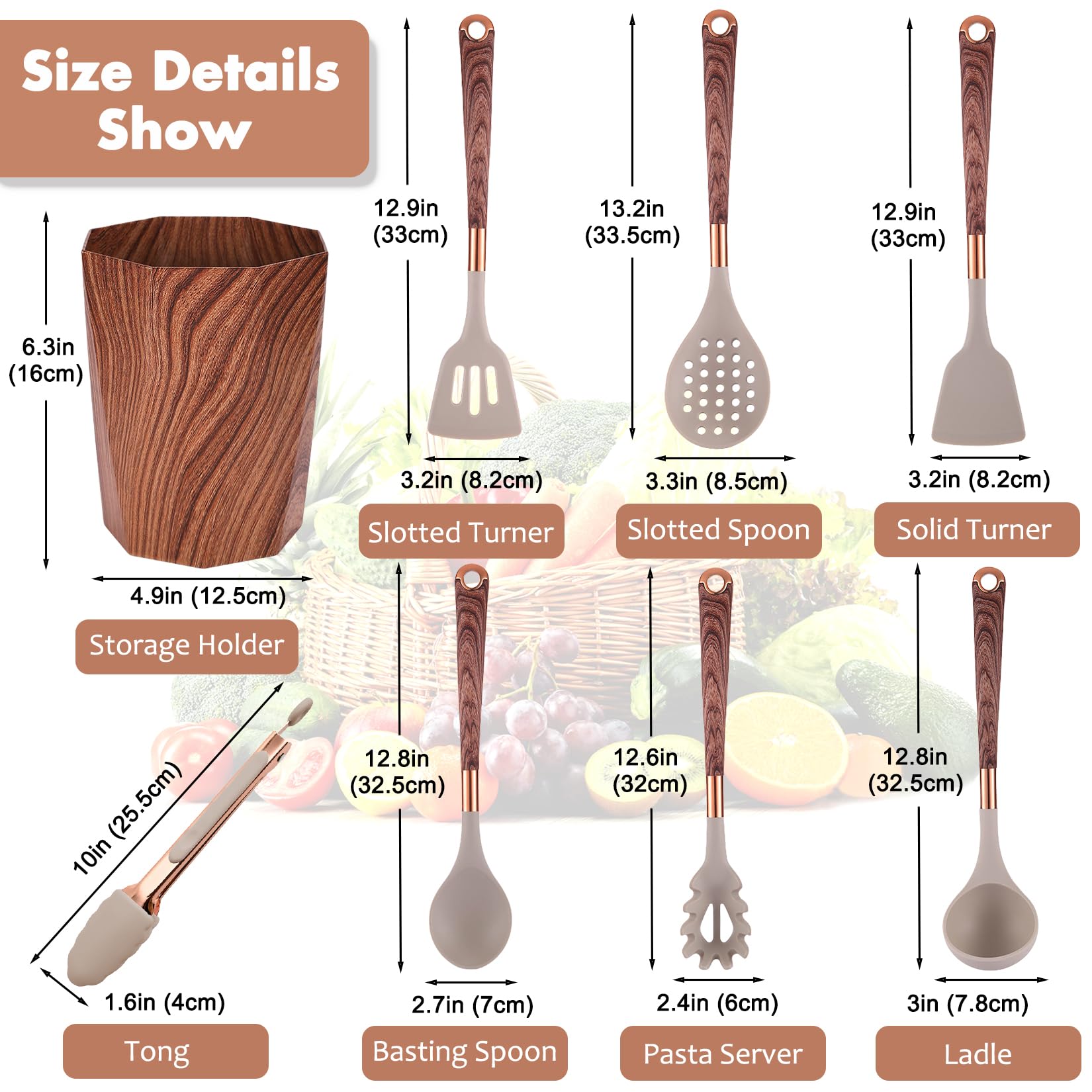 Silikon-Küchenutensilien-Set mit Halter, 24-teiliges Kochutensilien-Set, Holzmuster-Griff, Silikon-Utensilien zum Kochen mit Lebensmittelsicherheitswender, Nudelheber, Skimmer, Schöpflöffel, Zange,