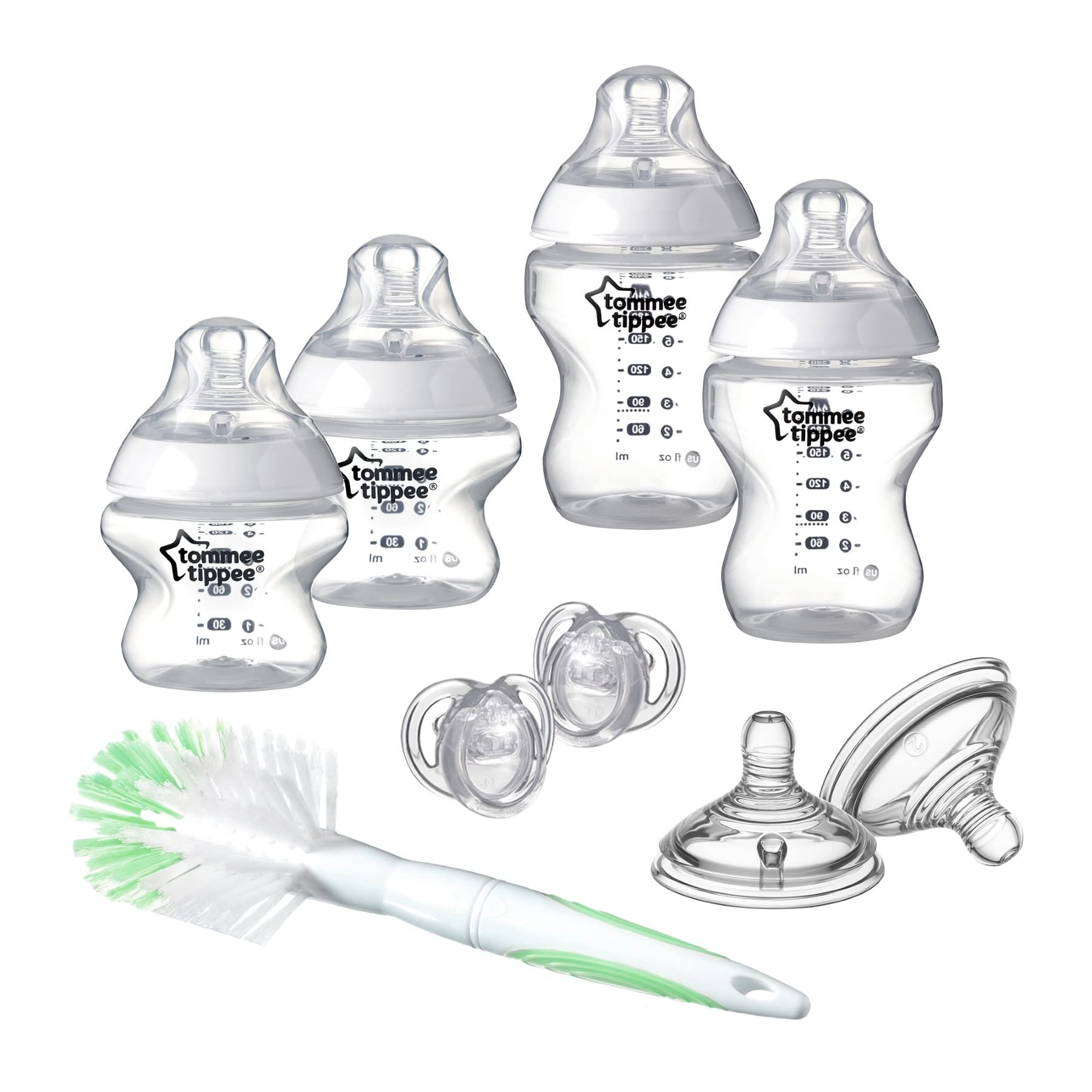 Tommee Tippee Closer to Nature Babyflaschen Starterset, Natürlich geformter Trinksauger mit Anti-Kolik-Ventil, Verschiedene Größen, Klar (Farbe und Design kann variieren)