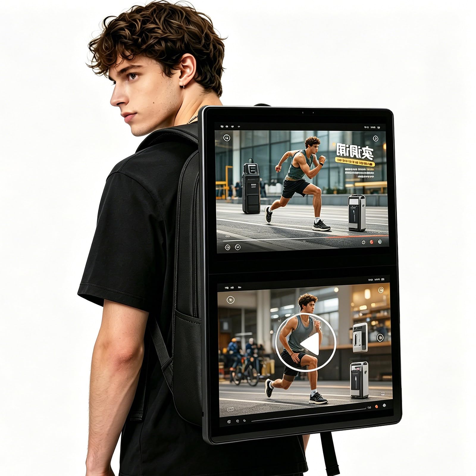 RoyceBee 21.5 inch LCD Backpack for Portable Video Advertising Player,1920 * 1080 Resolution Ratio,Human Walking Digital Billboard, APP remote release with touch function advertising