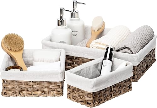 FairyHaus Cestas de mimbre para organizar, cesta de almacenamiento de mimbre rectangular impermeable pequeña para estantes, juego de 3 cestas de FairyHaus Cestas de mimbre para organizar, cesta de almacenamiento de mimbre rectangular impermeable pequeña para estantes, juego de 3 cestas de