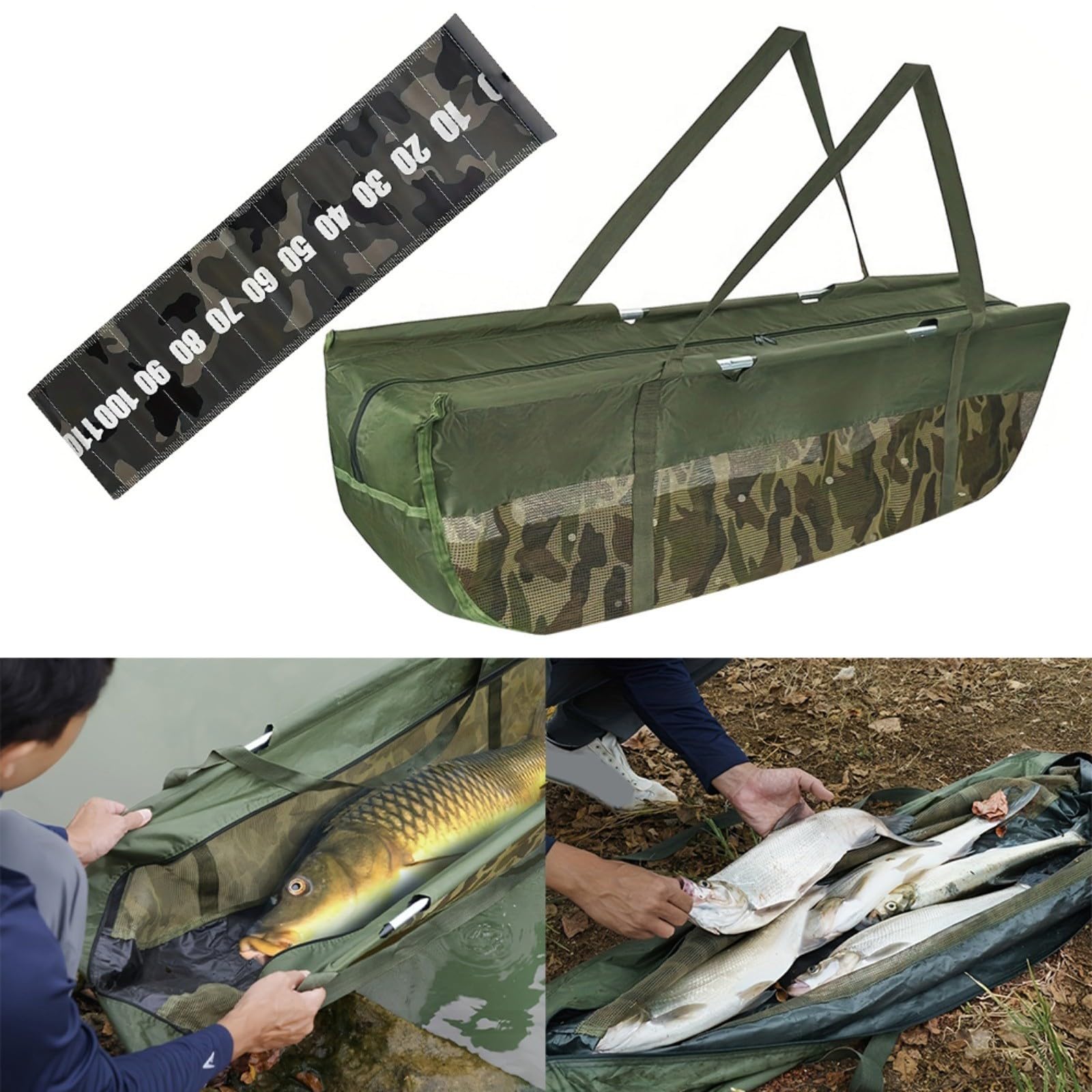 Sac de pesée pliable pour pêche à la carpe (117 x 46 x 32 cm) en maille souple pour peser la carpe