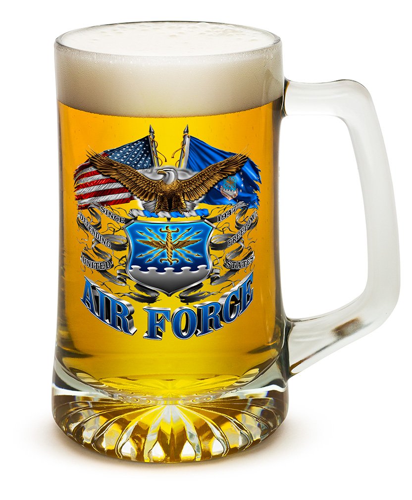 Erazor Bits Large Beer Mugs 25oz Tankard with Handles US Air Force USAF Veterans Double Flag United States Air Force Beer Glass with Logo (Set of 4) (25oz)