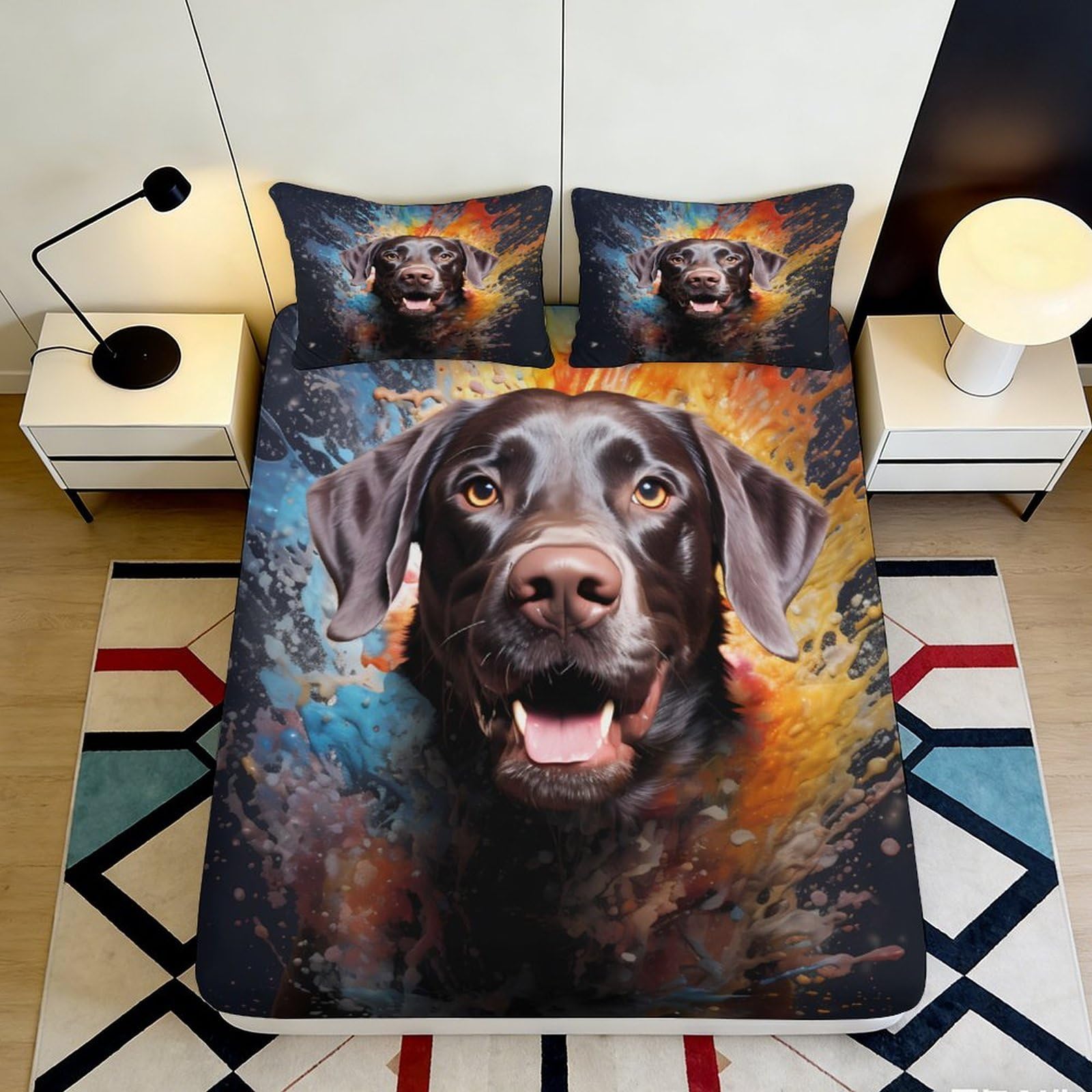 3D Printed Dog Art Splash Fitted Sheet Microfiber Soft Anti-Slip Mattress Cover for Bedroom Guest Room Decor 140x200x25cm