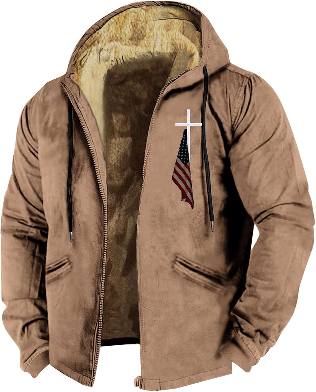 Cardigan Homme à Capuche Marron - Style Western Cowboy, Imprimé 3D, Poches - Coton Chaud Pour Hiver