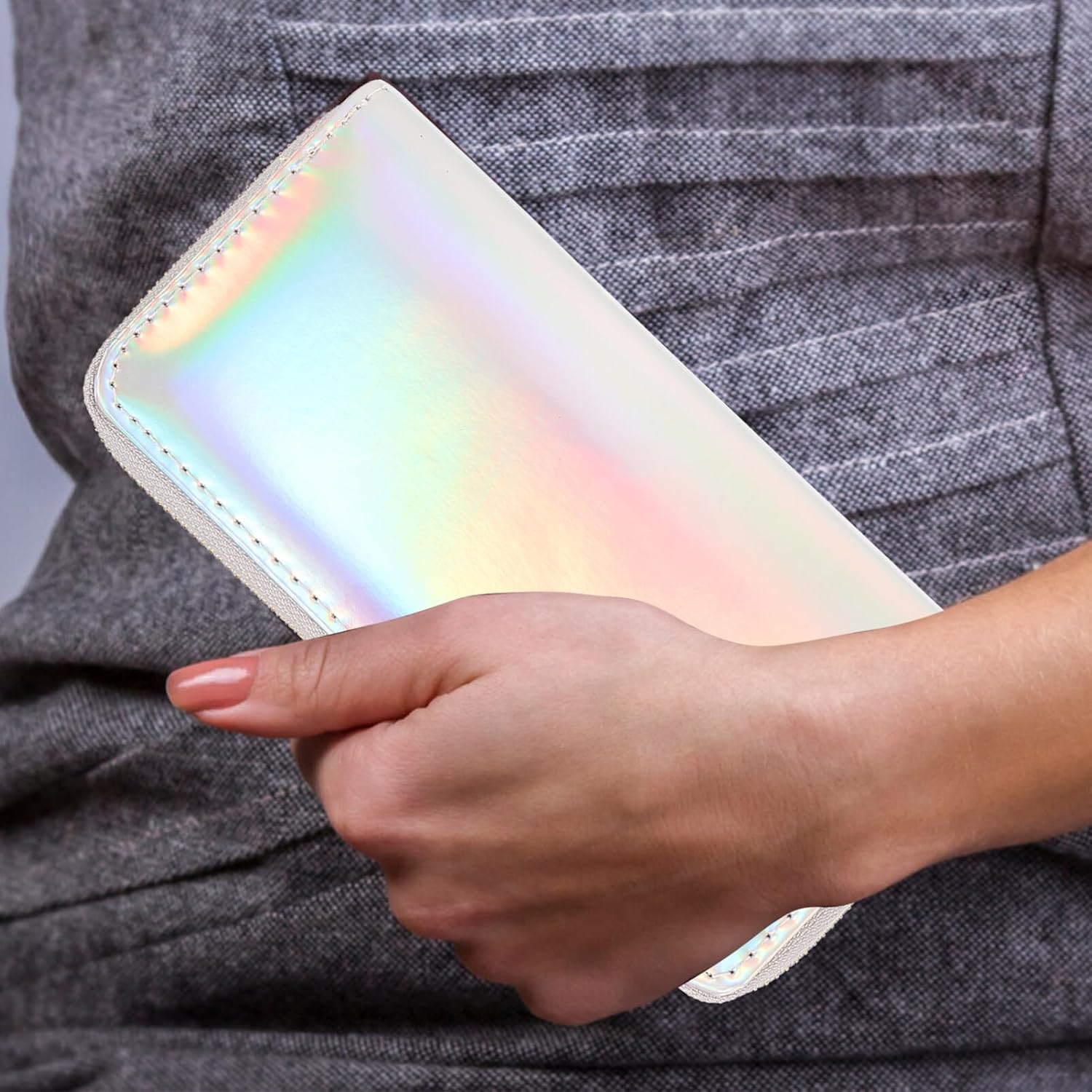 TENDYCOCO Sparking Cell Pouch Wallet Clutch Pu Women Female Coin Leather Long Wallets Credit Rainbow Portfel Shining Silver Zipper Holographic Slim Bag Purses Iridescent Girls for