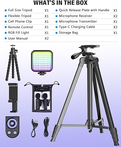 Miniatura 7 de Kit de inicio de YouTube para iPhone/Android, kit de inicio de YouTube con micrófono inalámbrico/trípode de cámara/trípode flexible/luz de relleno