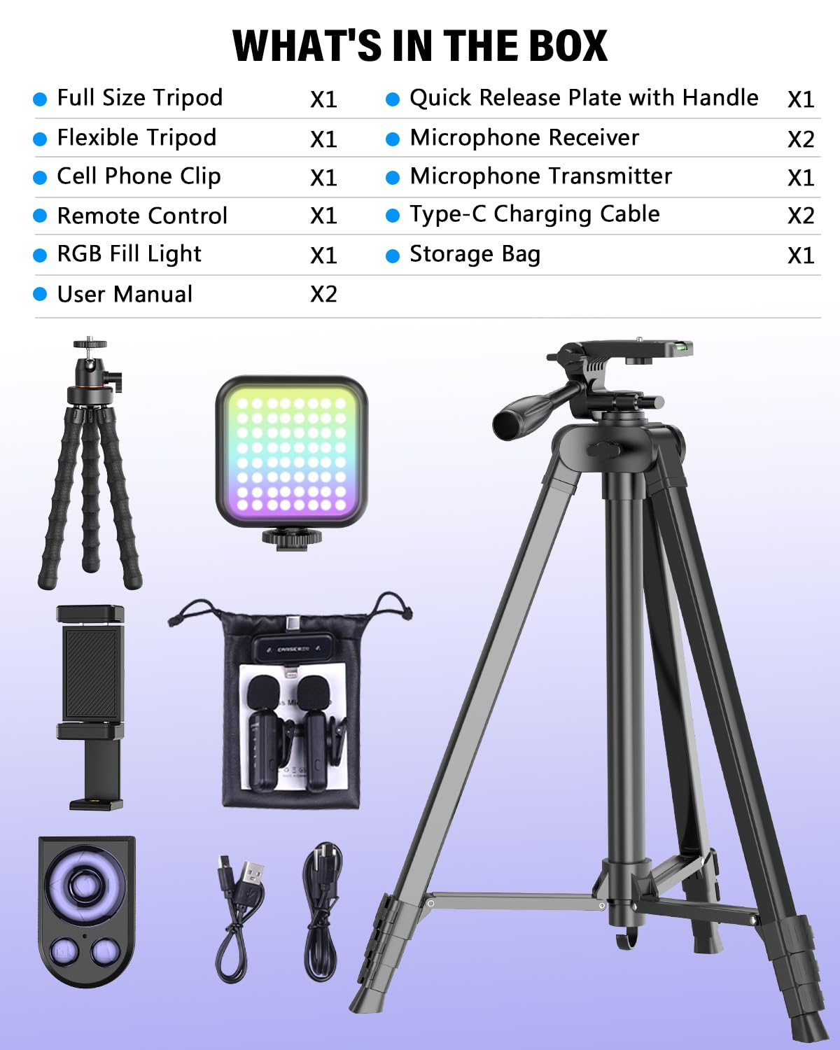Kit per vlogging per iPhone/Android, YouTube Starter Kit con microfono wireless/treppiede per fotocamera/treppiede flessibile/luce di riempimento RGB, kit essenziali per la creazione di contenuti per