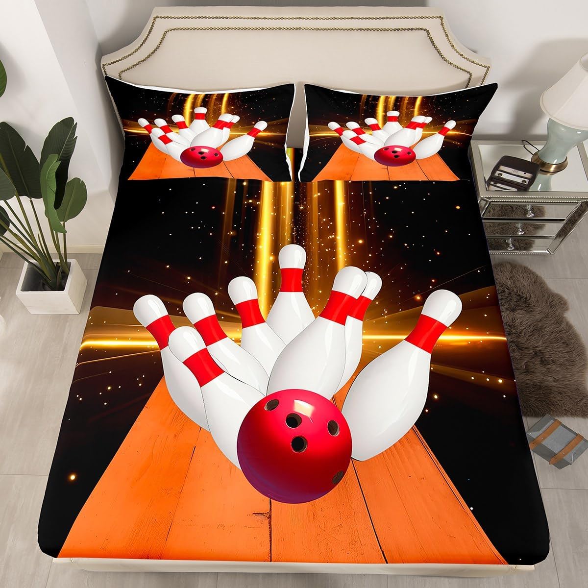 Homewish Bowling Fitted Sheet Queen Size Bowling Ball Bedding Set Sports Games Sheet Set,Bowling Lovers Bed Cover Ultra Soft Breathable Bedspread 3 Pcs for Kids Teens Boys