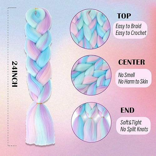 Miniatura 2 de Cabello trenzado de mezcla de fibras sintéticas sedosas, tamaño jumbo, colores de arcoíris azul, morado claro y rosa, extensiones de cabello