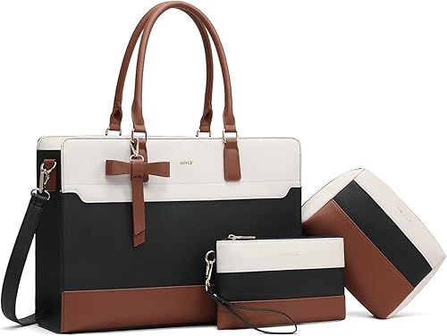 Vista 9 de Keyli 3 unids bolsa para laptop para mujer, 15.6 pulgadas, cuero trabajo, trabajo, oficina, oficina, maletín de hombro 3 piezas-negro,3