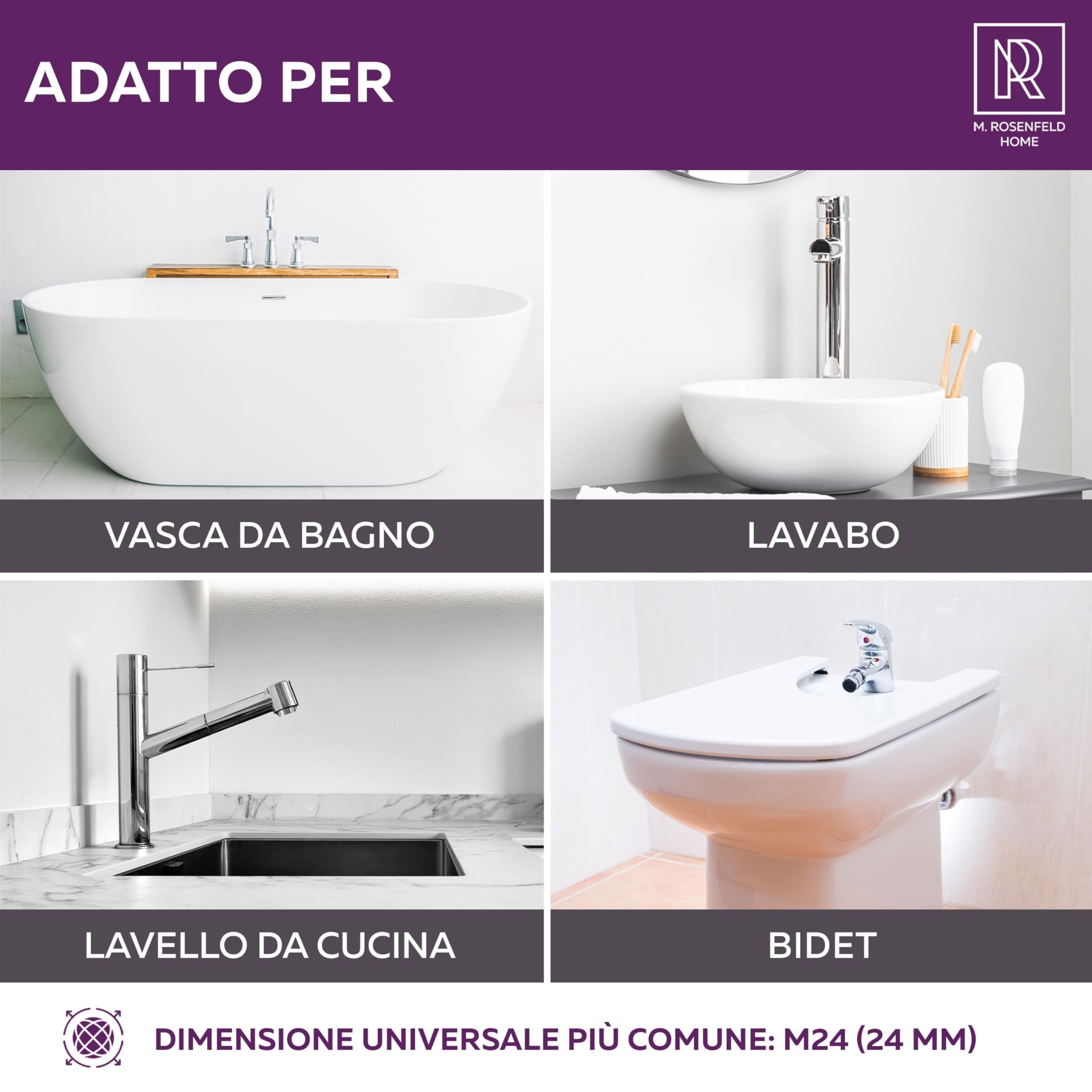 Prodotto Italiano - Rompigetto Rubinetto Cucina M24 - Aeratore per Rubinetto High-Tech - Risparmio Idrico e Filtrazione - Flusso d'Acqua 5 L/min - Anticalcare per Rubinetti da Cucina e Bagno