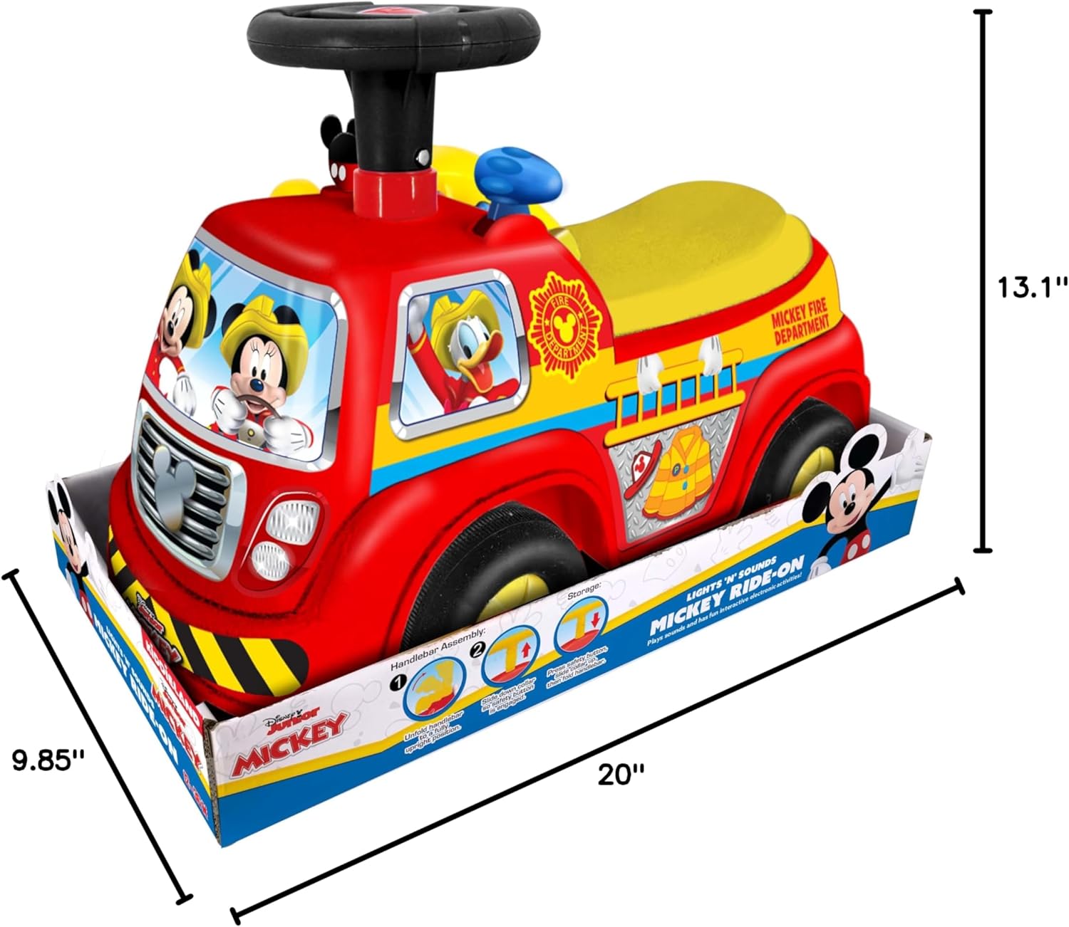 Kiddieland Mickey Fire Truck Ride-On with Lights & Sounds, Foot-to-Floor Toddler Vehicle, Interactive Dashboard, 12–36 Months, 55 lb Limit, Batteries Included