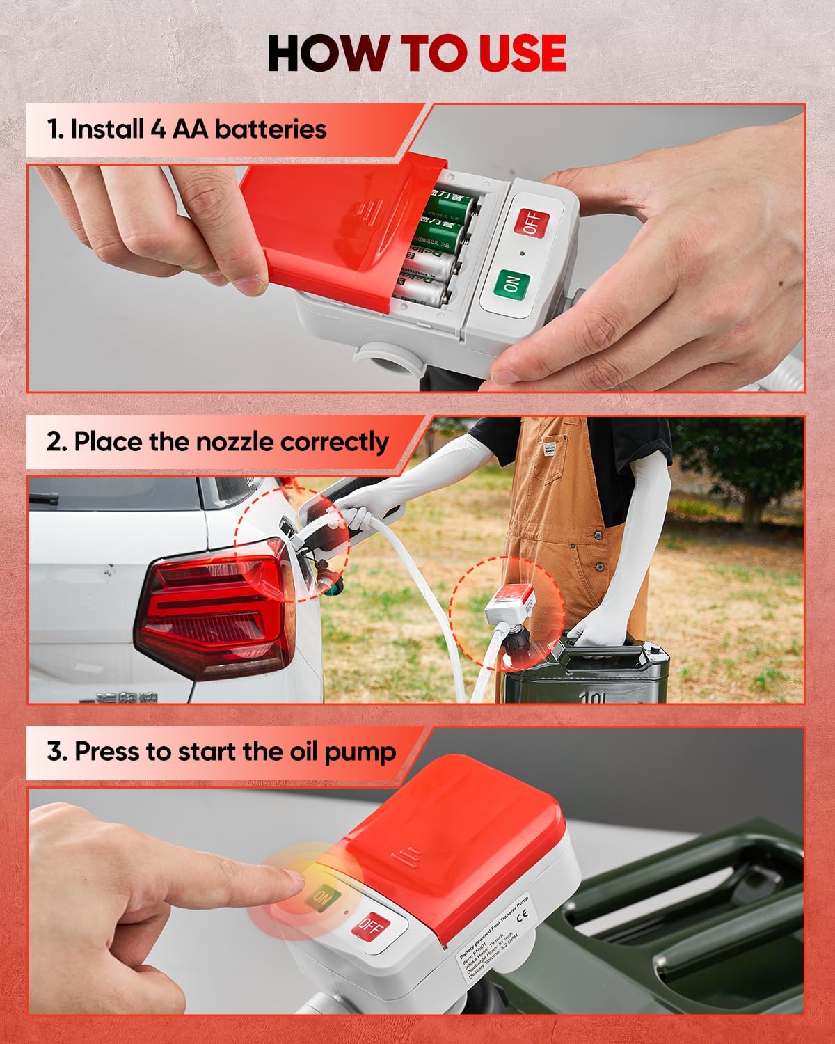 Sequence of images showing battery installation, nozzle placement, and pressing the ON button to start the pump