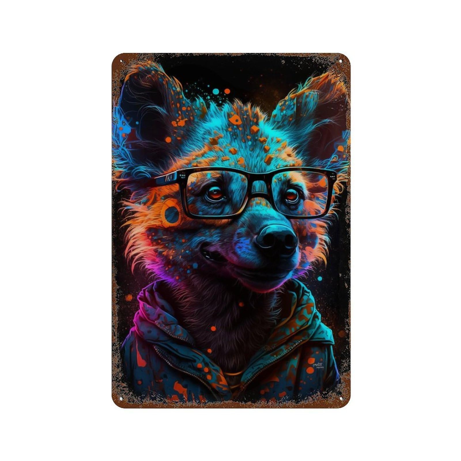 Garage Style Neon Animal Portrait with Glasses Distressed Metal Wall Sign 11.8"x7.9", Farmhouse Wall Decor for Bar And Workshop