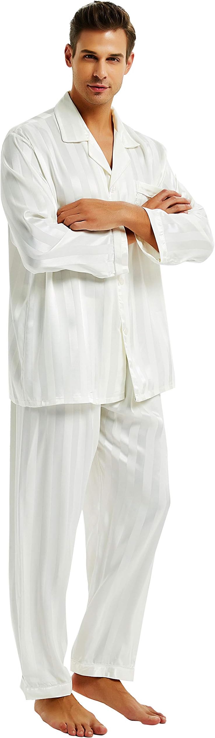 Pajamas Set Mens Silk Satin Pajamas Long Sleeve Loungewear Two-Piece Sleepwear Button-Down Pj Set S-XXXXL