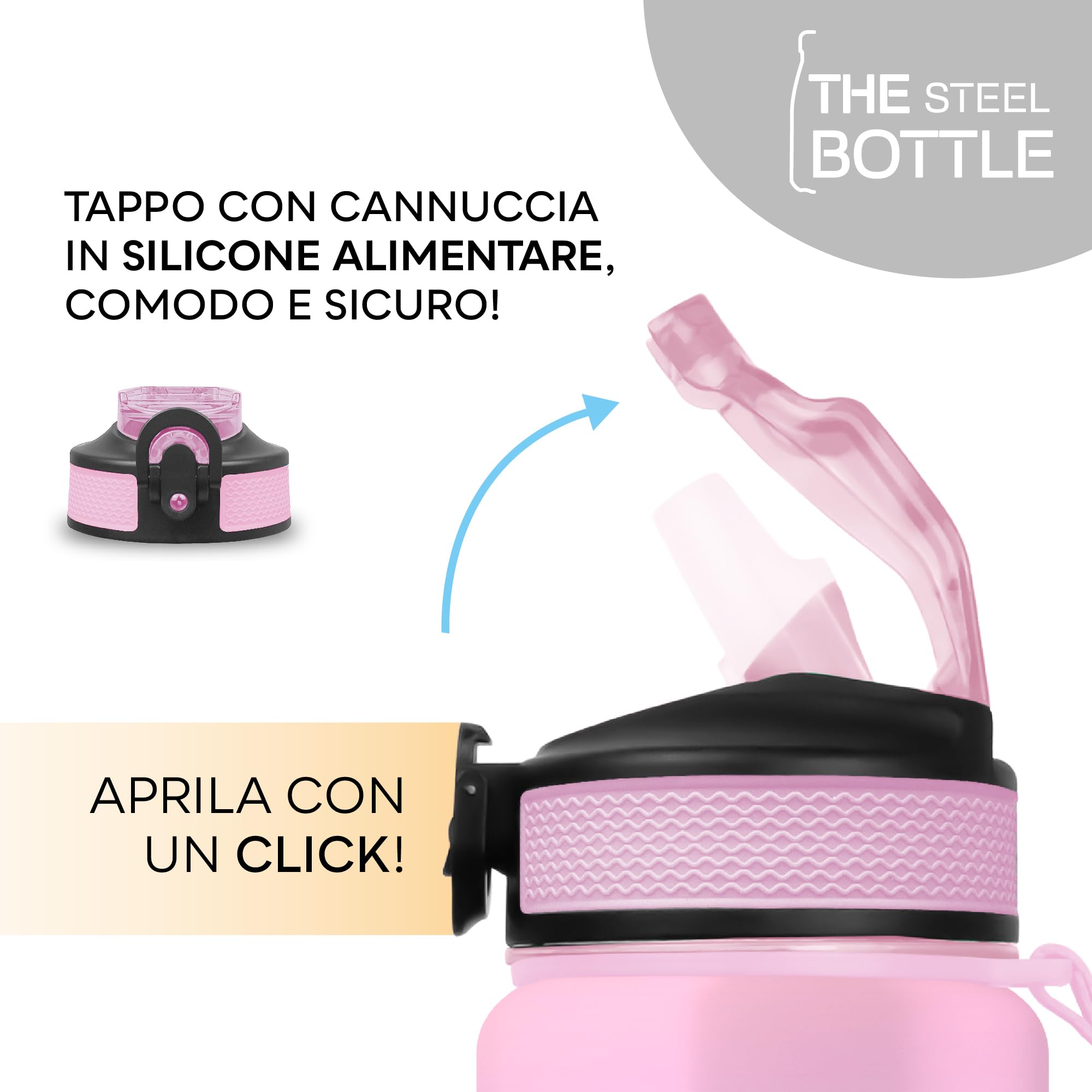 THE STEEL BOTTLE - Botella de agua motivacional deportiva de 1 litro con niveles e indicador de tiempo, pajita y franjas horarias - BPA y Phthalate Free - cierre hermético (Ice Blue & Pink)
