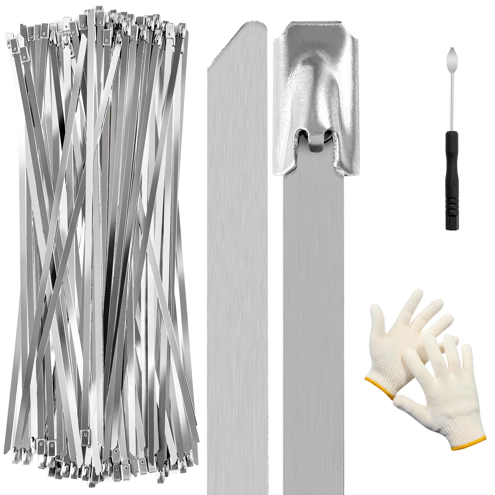 OneLeaf Metal Zip Ties Heavy Duty Outdoor, 85pcs 11.8" 304 Stainless Steel Zip Ties with Gloves and Remover, Self-locking Metal Wire Ties for Chain Link Fence, Chicken Wire, Cars, Fence, Cables, Farms