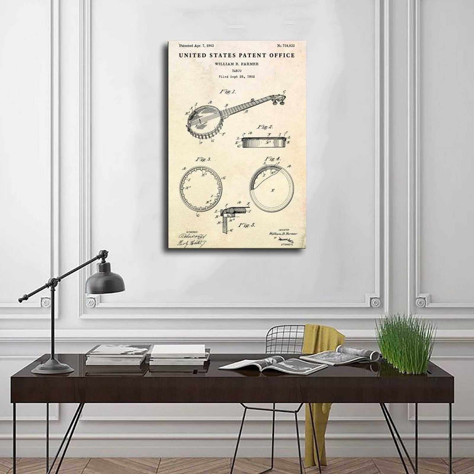 WLQZFRWV Banjo 1903 Brevetto Country Music Blueprint Poster su tela, decorazione artistica da parete per soggiorno, camera da letto, decorazione, 60 x 90 cm