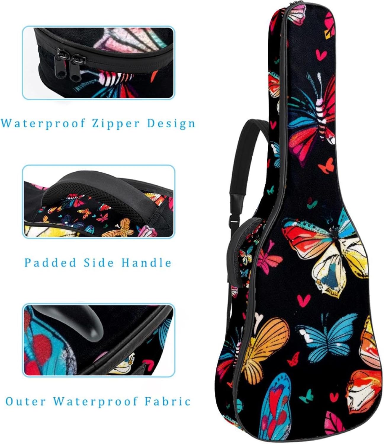 Acoustic Guitar Bag 0.4 Inch Thick Padding Waterproof Guitar Case Gig Bag for 40 41 42 Inch Electric Bass Classical Guitar, Colorful Butterflies Aesthetic Pattern