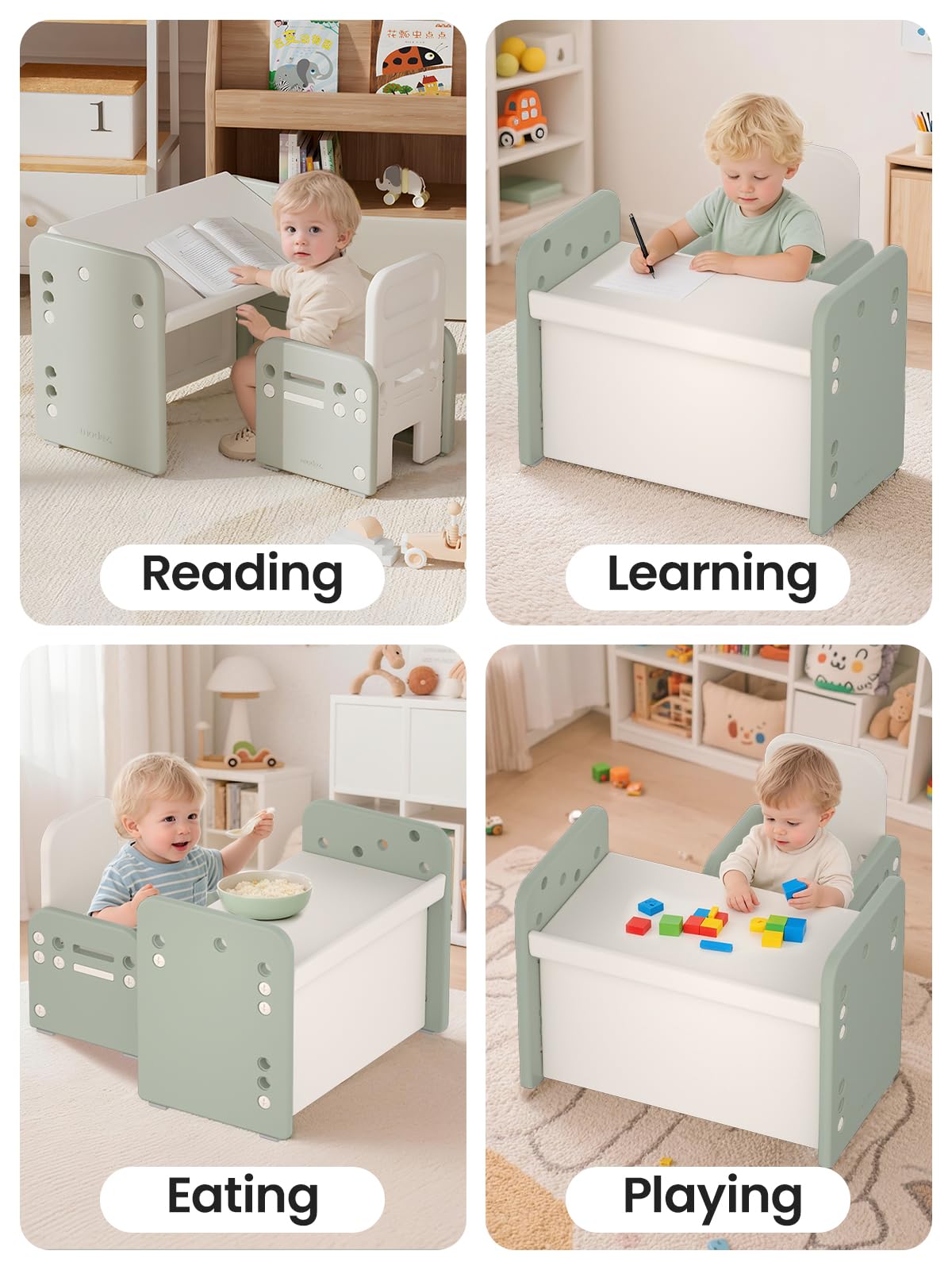 Table Enfant Réglable avec Chaise, Bureau Convertible Multifonctions Vert