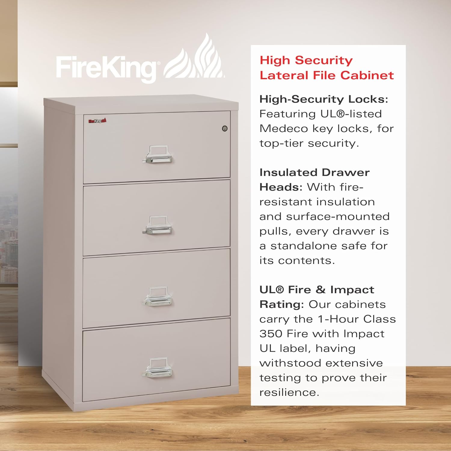 FireKing Fireproof Lateral File Cabinet (4 Drawers, Impact Resistant, Water Resistant), 31" x 22" D, Platinum, Made in USA