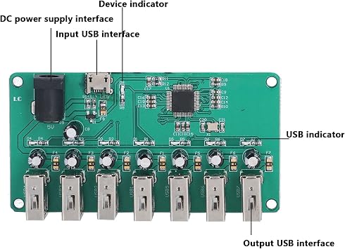 Eujgoov USB2.0 Hub Module 7-Port PCB Board with Device Indicator for Linux Android DC 5V