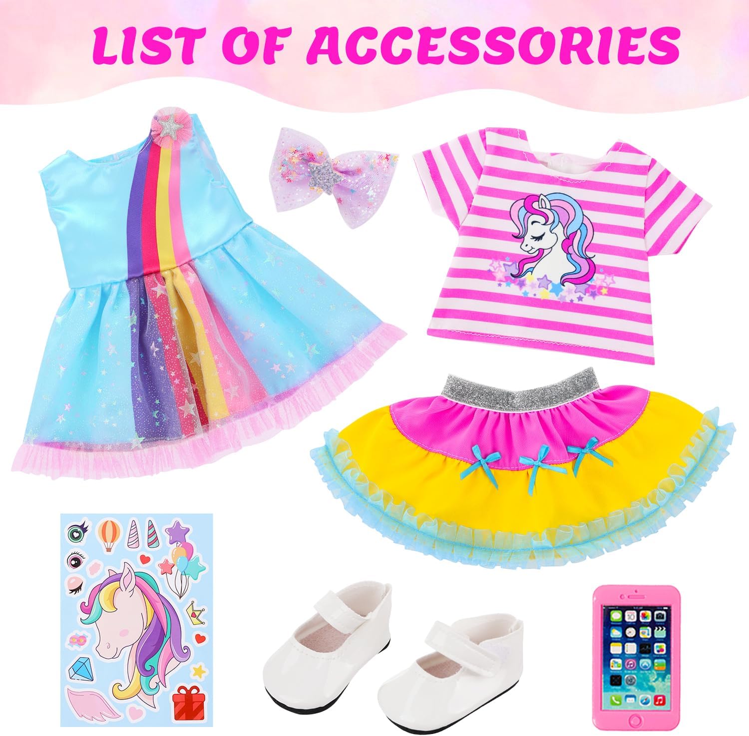 ECORELF 18 Inch Amercian Doll Clothes, 2 Set Girl Doll Clothes and Accessories for 18 Inch Dolls 7 Pcs Include Dress, Hair Clip , Phone, Shoes, Sticker, Top and Mini Skirt