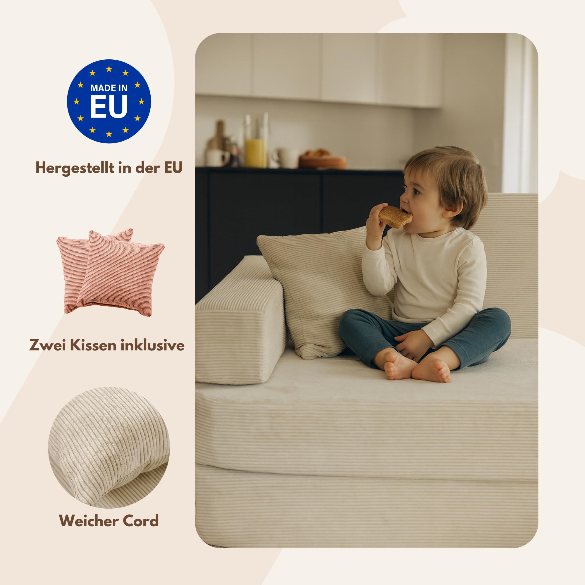 Angelove Kinder-Sofa aus Kordsamt - Kinderpolstermöbel, Couch, Ausstattung für Kinderzimmer, Beig