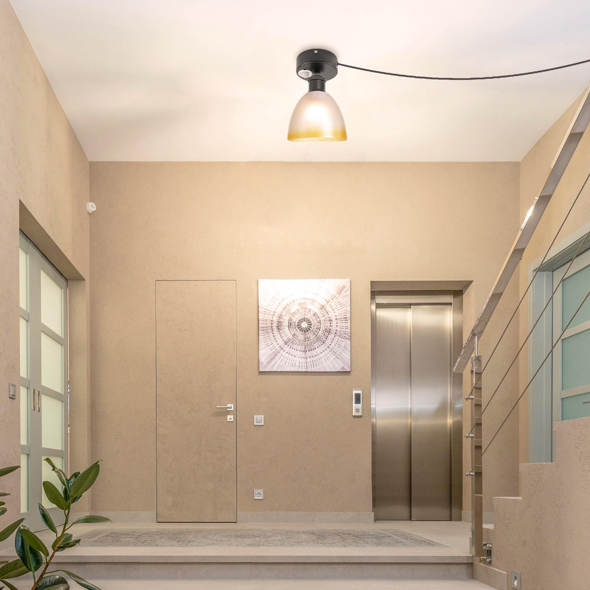 Plafoniera con sensore di movimento interno, moderna lampada da soffitto in vetro, sensore di movimento radar con cavo da 4,5 m e portalampada E27, per corridoio, bagno, scale, garage, nero
