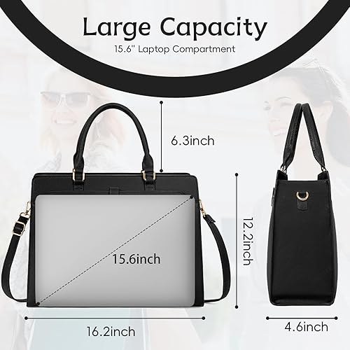 Miniatura 5 de Bolsa de mano para computadora portátil para mujer, 15.6 pulgadas, impermeable, de cuero, gran capacidad, maletín de trabajo para oficina y negocios