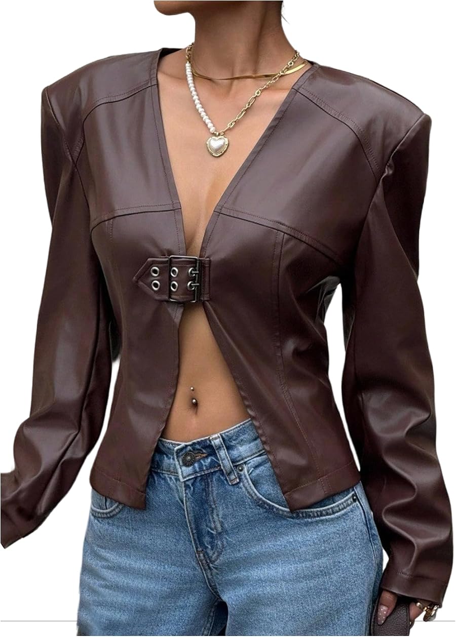 MakeMeChic Women's PU Leather Jacket Long Fall Sleeve Outerwear with Belt