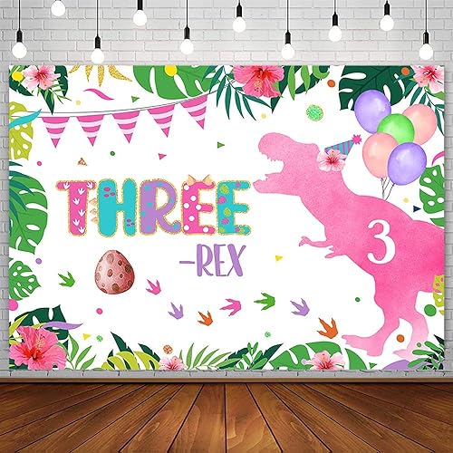Telón de fondo de cumpleaños de dinosaurio de tres rex, de 10 x 7 pies, para niña, feliz tercer cumpleaños, dinosaurio, huevo, globo, confeti, fondo
