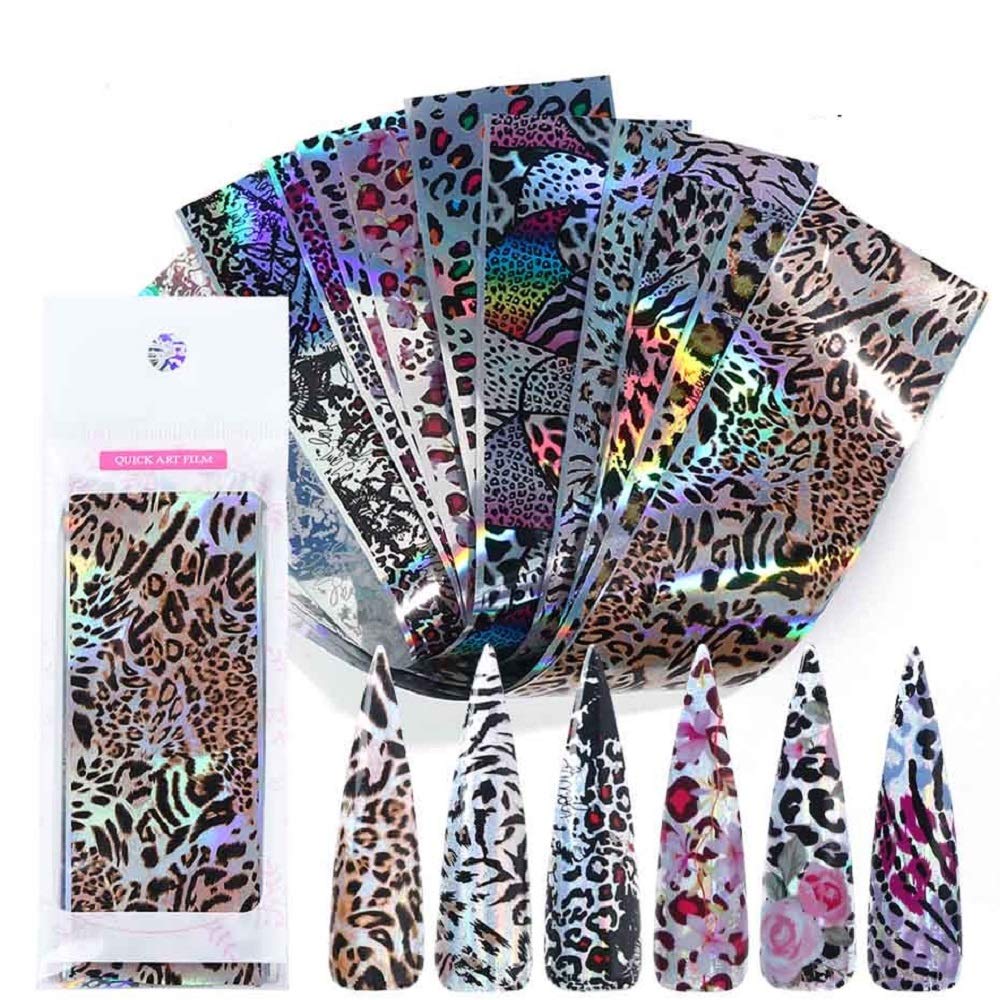 10pcs Zebra Pattern Nail Foil Snake Leopard Print Sticker Transfer Pelle Animale 20x4cm Wild Sexy Slider Accessori per Unghie (Leopardo Trasparente) (Leopardo Laser)